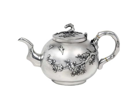 A Chinese Export Silver Teapot,  With Artisan Workshop Mark for Wen Wei Ji, Canton and Hong Kong, Retailed by Wang Hing, Cant