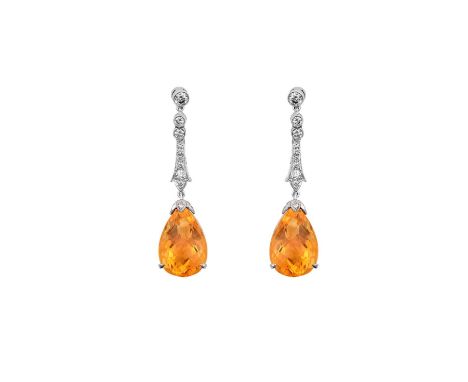 A Pair of Citrine and Diamond Drop Earringsa trio of round brilliant cut diamonds suspends a tapered bar set throughout with 