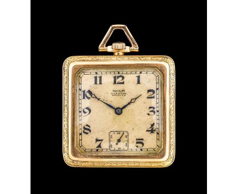Novelti: An Unusual Square Shaped Art Deco 14 Carat Gold Pocket Watch, retailed by Novelti, Berlin, W.8, circa 1925, manual w