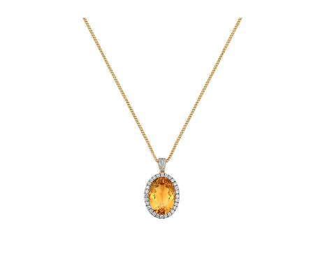 An 18 Carat Gold Citrine and Diamond Cluster Pendant on Chainthe oval cut citrine within a border of round brilliant cut diam