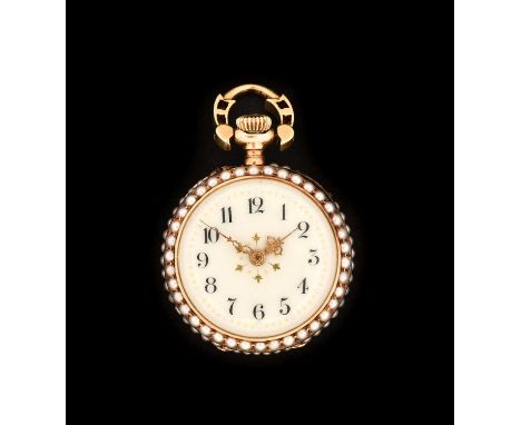 A Lady's 18 Carat Gold Diamond and Split Pearl Set Fob Watch, circa 1910, manual wound lever movement, enamel dial with Arabi