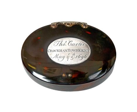 A Silver Applied Tortoiseshell Snuff-Box,  Apparently Unmarked, Dated 1696 oval, the hinged cover applied with a plaque with 