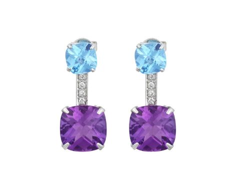 A Pair of Blue Topaz, Amethyst and Diamond Drop Earringsthe cushion shaped blue topaz suspends a larger cushion shaped amethy