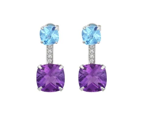 A Pair of Blue Topaz, Amethyst and Diamond Drop Earringsthe cushion shaped blue topaz suspends a larger cushion shaped amethy