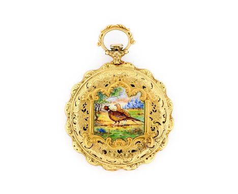 A Continental Enamel Pocket Watch, circa 1850, cylinder movement, enamel dial with Roman numerals, elaborately scroll and flo