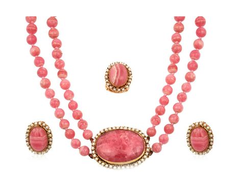 A Rhodochrosite and Cultured Pearl Necklace, Earring and Ring Suitethe 53:55 graduated rhodochrosite beads knotted to an oval