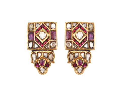 A Pair of Indian Ruby and Diamond Clipsthe square plaque set throughout with lasque cut diamonds and rubies, to a tapered ter