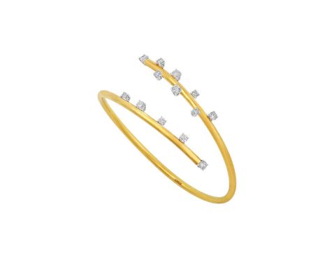 An 18 Carat Gold Diamond Banglethe yellow plain polished crossover bangle with vari-sized round brilliant cut diamonds centra
