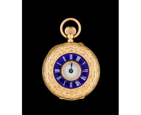 A Lady's 18 Carat Gold Enamel Fob Watch, circa 1900, cylinder movement, enamel dial with Roman numerals, scroll and floral en