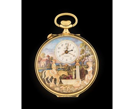 Reuge: A Gilt Metal Automata Musical Alarm Pocket Watch, signed Reuge, circa 1960, manual wound lever movement with attached 