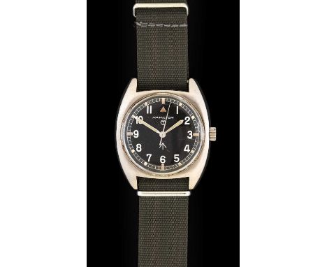 Hamilton: A British Military Centre Seconds Wristwatch, signed Hamilton, issued in 1973, manual wound lever movement, black d