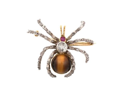 A Diamond, Synthetic Ruby and Tiger's-Eye Broochrealistically modelled as a spider, the body formed of an old cut diamond and