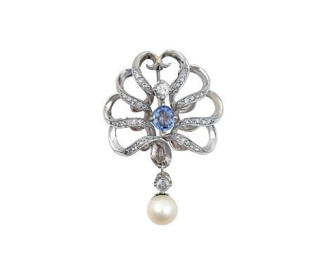 A Sapphire, Diamond and Cultured Pearl Brooch/Pendantthe oval cut sapphire in a white claw setting, within an openwork scroll