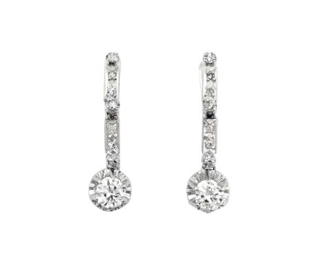 A Pair of Diamond Drop Earringsa row of articulated eight-cut diamonds, suspends a larger round brilliant cut diamond, in whi