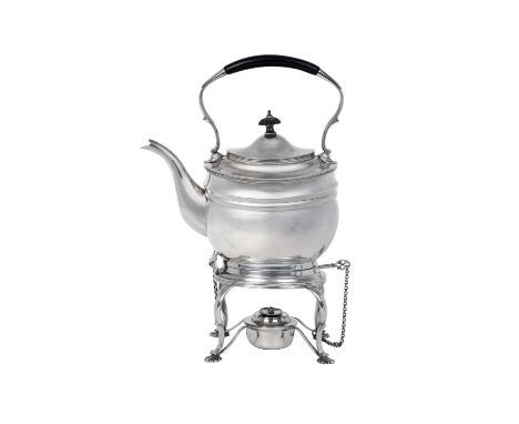 A George V Silver Kettle Stand and Lamp,   by D. and J. Wellby Ltd., London, 1912 oval and with reeded rim, with overhead par