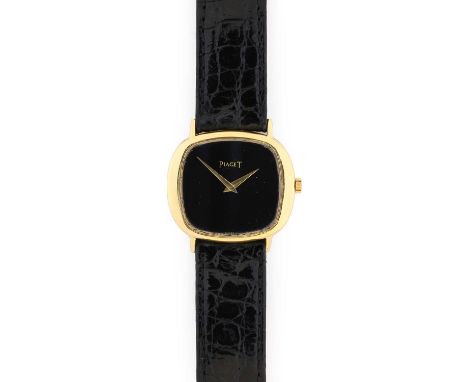 Piaget: An 18 Carat Gold Wristwatch, signed Piaget, circa 1985, manual-wound lever movement, black dial signed, oval-shaped c