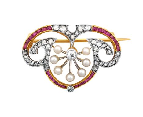 A Ruby, Diamond and Pearl Broochan old cut diamond within a radiating border of button pearls, within a scroll frame set thro
