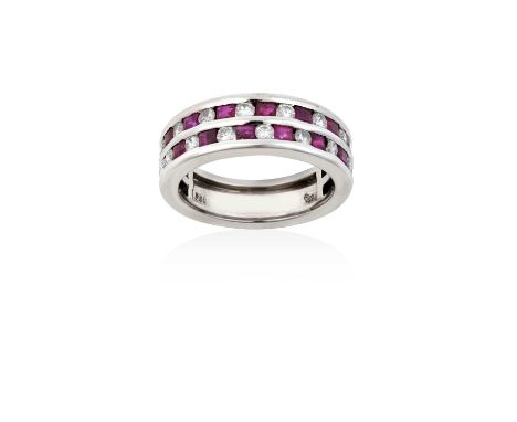 A Ruby and Diamond Ring two rows formed of step cut rubies alternating with round brilliant cut diamonds centrally, terminati