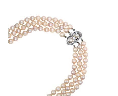 A Triple Row Cultured Pearl Choker, with A Cultured Pearl and Diamond Cluster Claspthe 54:56:60 cultured pearls knotted to a 