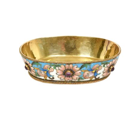 A Silver-Gilt 'Gem'-Set and Enamel Dish,  Probably 20th Century in the Russian style, oval and with shaded cloisonne enamel f