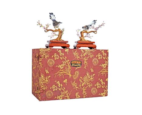 Two Chinese Silver-Gilt and Enamel Models of Birds,  Stamped 'Silver', First Half 20th Century each realistically modelled an