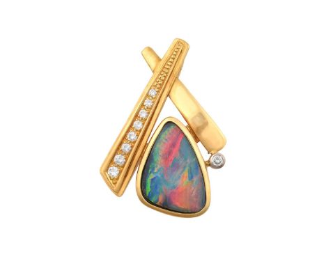 An Opal and Diamond Pendantthe rounded triangular opal plaque in a yellow rubbed over setting, suspended from an x-motif, one