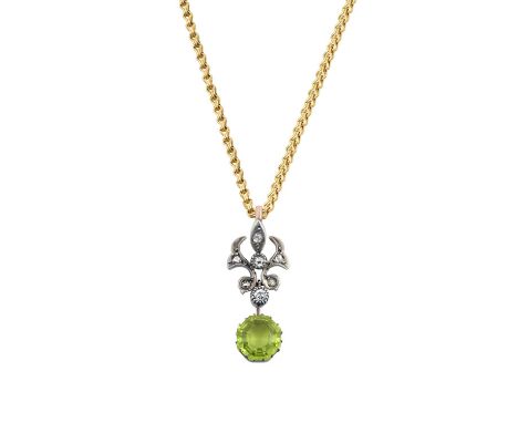 A Peridot and Diamond Pendant on Chainthe octagonal cut peridot in a yellow claw setting, surmounted by a scroll set througho