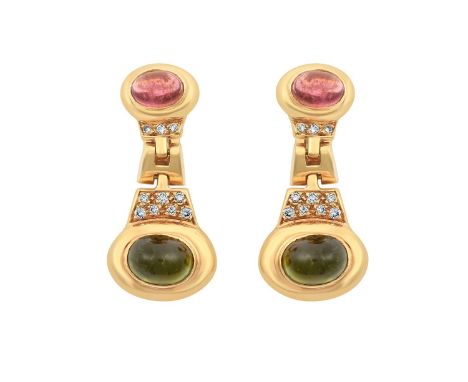 A Pair of Tourmaline and Diamond Drop Earringsthe oval cabochon pink tourmaline brick linked to a larger oval cabochon green 