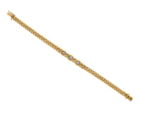 A Diamond Braceletthree graduated old cut diamonds in white rubbed over settings centrally, to a yellow plain polished curb l