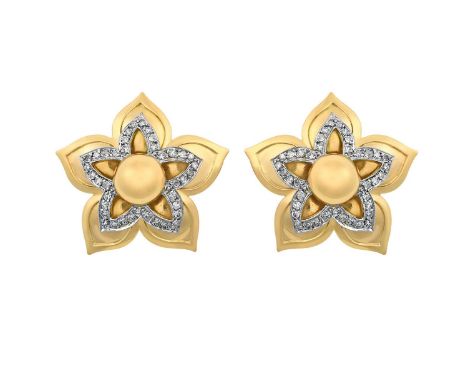 A Pair of Diamond Earringsdesigned as stylised flowerheads, the central yellow plain polished dome to a five pointed petal mo