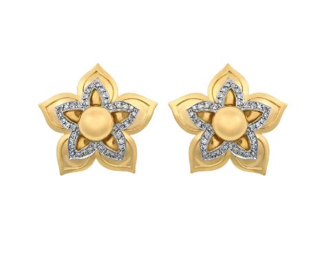 A Pair of Diamond Earringsdesigned as stylised flowerheads, the central yellow plain polished dome to a five pointed petal mo