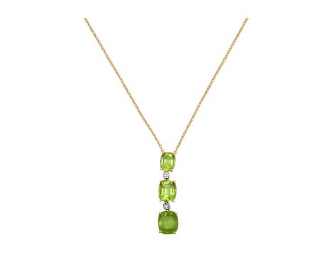 A Peridot and Diamond Necklacethree graduated cushion cut peridot in yellow claw settings, spaced by round brilliant cut diam