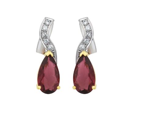 A Pair of Pink Tourmaline and Diamond Drop Earringsa round brilliant cut diamond white pavé set swirl, above a pear cut pink 