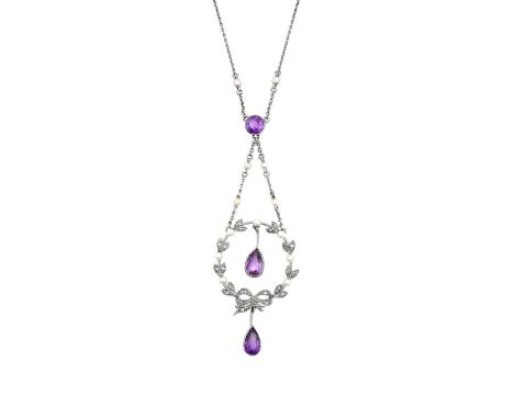 An Edwardian Amethyst, Diamond and Seed Pearl Necklacethe circular frame of ribbon design set throughout with rose cut diamon