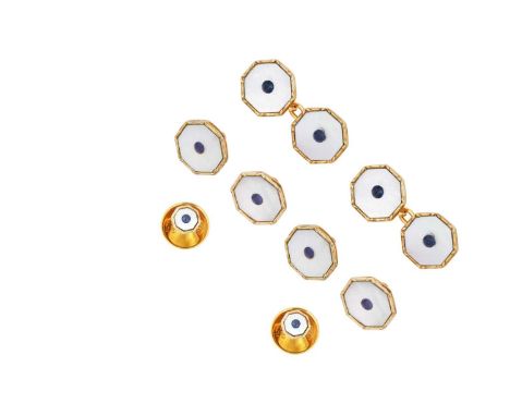 A Mother-of-Pearl and Sapphire Dress Stud, Button and Cufflink Suitecomprising of two dress studs, four buttons and a pair of