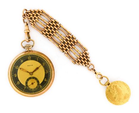 Celtic: A 9 Carat Gold Open Faced Pocket Watch, signed Celtic, 1943, manual wound lever movement, dial with a black outer cha