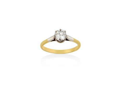 A Diamond Solitaire Ringthe old cut diamond in a white claw setting, to a yellow tapered shoulder plain polished shank, estim