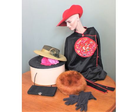 A Chinese silk dress, an evening clutch bag, several hats, gloves and a hat box (mannequin not included)