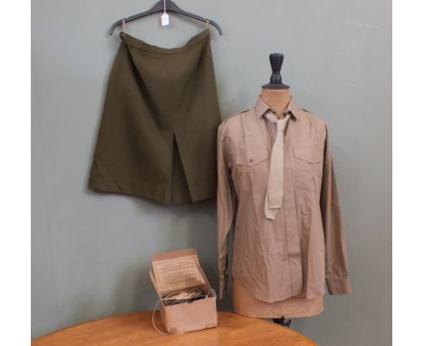 A WMS Army skirt, shirt, tie and gas mask in box (as found)