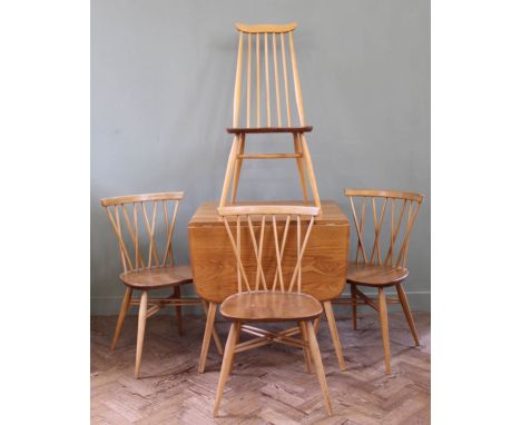 Set of three Ercol light blond elm and beech candlestick dining chairs plus one other hoop back chair and an Ercol style ligh