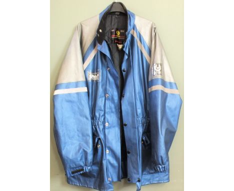 A vintage blue Belstaff Stormshield motorcycle jacket, size large