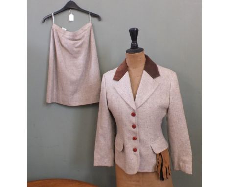 A vintage oatmeal tweed skirt suit and gloves