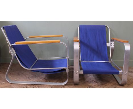 A pair of vintage blue canvas armchairs with aluminium and wooden frames