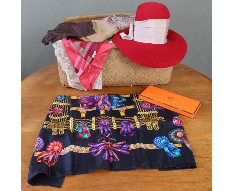 A vintage silk Hermes scarf Les Ribans du Cheval, a Liberty's scarf and other scarves, gloves, hat and various linens