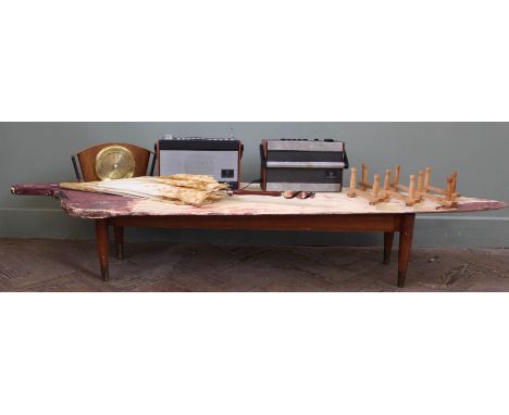 A mixed lot including a coffee table made from a rudder, two Roberts radios, an umbrella, an adjustable coat rack and a barom