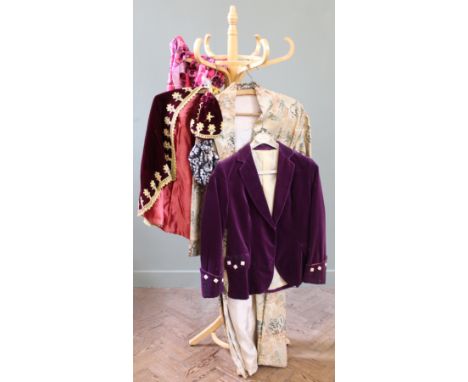 A collection of vintage clothing including a velvet jacket, a velvet cape and matching hat, Chinese silk robe etc