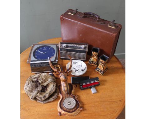 A mixed lot including a Roberts radio, a barometer on a deer's head mount, a pair of spill vases, Parker pen, Ronson lighter,