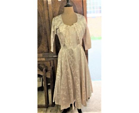 Two vintage silk two piece dress and jacket outfits and two other dresses including a vintage Laura Ashley dress
