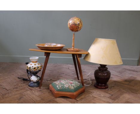 A mixed lot of items including a globe, a tapestry upholstered foot stool, coffee table, a lamp, bowl etc