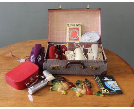 A selection of vintage items including four telephones, two suitcases, two flying duck wall ornaments, an original Ladybird b